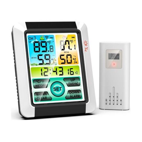 Station météo avec réveil, thermomètre intérieur et extérieur, appareil de mesure de l'humidité sans fil avec une portée de 200 FT/60 m, écran tactile rétroéclairé (1/5)