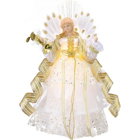 Ange de Noël - 26 cm - Décoration de sapin de Noël - Ange avec 10 lumières LED chaudes à piles - Blanc doré (M) (1/5)