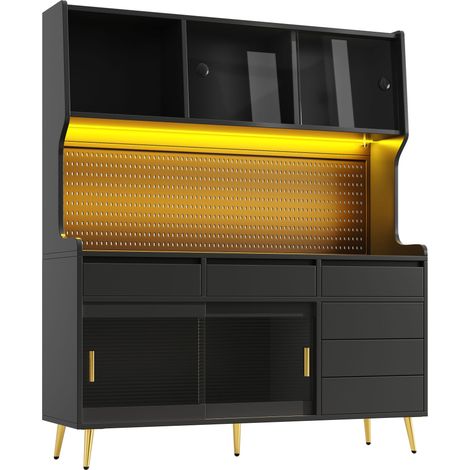 CAIziMeuble colonne moderne avec éclairage LED et commande via application, meuble de cuisine ou de salle à manger avec tiroir, buffet avec étagère de rangement et panneau perforé, 145x39x171 cm, noir (1/5)