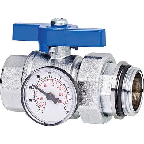 Robinet spherique DN25 1" avec raccord visse thermometre et papillon bleu