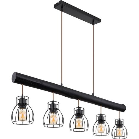Pendelleuchte Holzstab Hängelampe Vintage Holz Esstischlampe Pendellampe mit fünf Käfigschirmen, Metall schwarz matt, 5x E27, LxBxH 104x13,6x140 cm