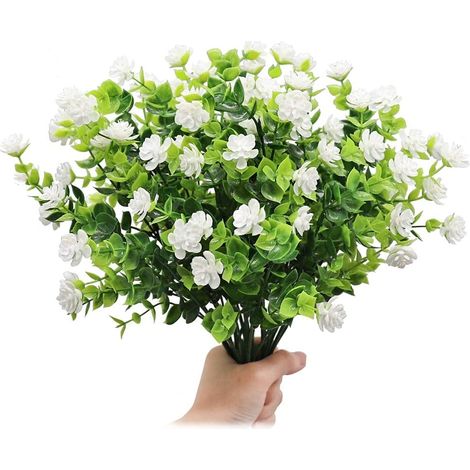 Fleurs Artificielles, 8 Paquets Fausses Fleurs D'eucalyptus Bouquets de Fleurs de Lotus en Plastique pour Jardin Intérieur et Extérieur Porche Patio Bureau Décoration de la Maison ( Blanc)