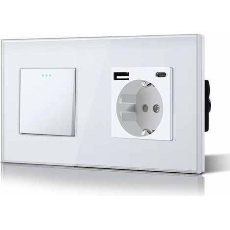 Bouton poussoir Rocker Tactile 1 compartiment 2 voies en verre et prise 3 en 1 avec puissance de charge USB 2,1 A avec adaptateur de type C, plaque en verre, interrupteur mural, blanc (1/5)