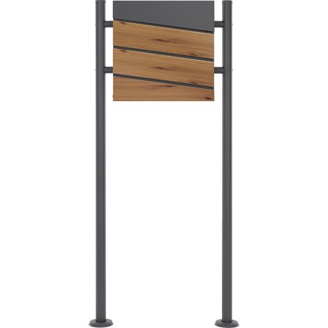 ECD Germany Standbriefkasten mit Zeitungsfach, Design Briefkasten mit Pfosten, Briefkastenanlage, Briefkastenständer Anthrazit 120cm Edelstahl pulverbeschichtet, Postkasten Anthrazit-Holzoptik Stahl