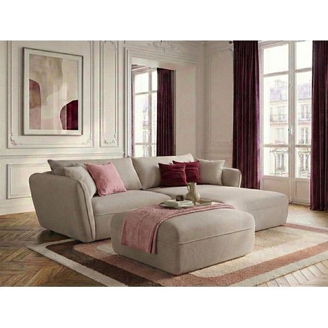 BOBOCHIC - Canapé d'angle fixe LUIGI tissu lisse avec pouf Angle droit Beige (1/5)
