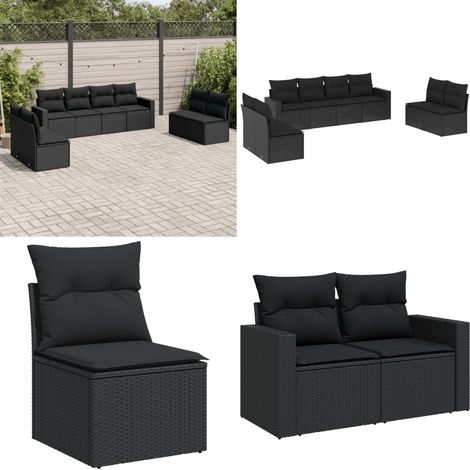 Salon de jardin 8 pcs avec coussins noir résine tressée - Salon De Jardin - Canapé Extérieur - Meuble De Jardin - Mobilier De Jardin - Set Salon De Jardin - Home & Living (1/5)