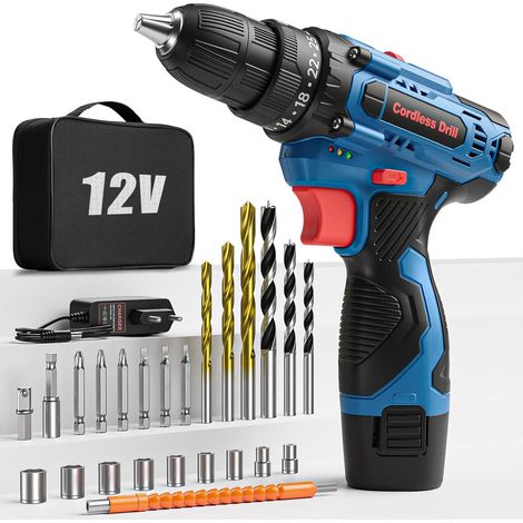 12 V Cordless Drill with Bag and 25 Accessories, 2000 mAh Battery, 25 Nm, 25 + 1 Torque Settings, 2 Speed, LED Lights, Drill and Driver for Home DIY (1/5)
