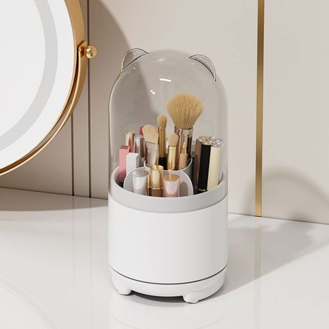 Porte-pinceaux de maquillage rotatif 360° anti-poussière avec couvercle acrylique transparent, rangement tournant pour pinceaux et cosmétiques, idéal pour coiffeuse, bureau, salle de bain et comptoir. (1/5)