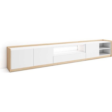 Mueble TV Coín-02 de 310x50x37 cm con luz LED, regulador de intensidad, color blanco y roble soft (1/4)
