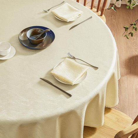 Nappe ronde 180 cm Beige lavable Jacquard motif vagues pour extérieur et intérieur