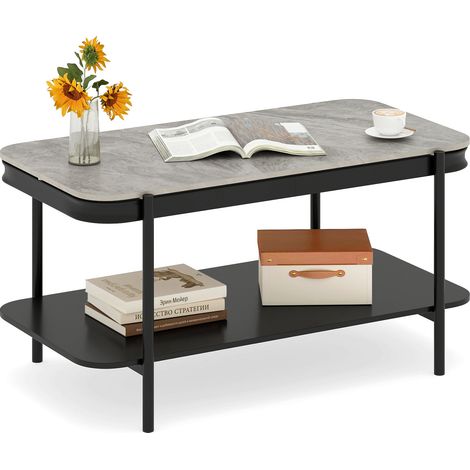 COSTWAY 90cm Coffee Table Sintered Stone Top Double Layer Storage Shelf Living Room Grey (1/5)