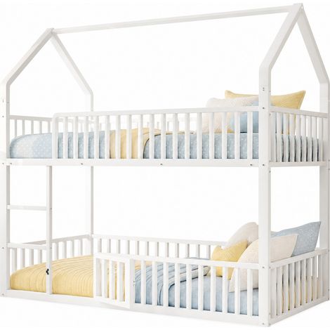 Lit superposé enfant en métal 90 x 200 cm, style maison, échelle frontale, porte ouvrante en bas, sécurité 120 kg, blanc  CHICFURN (1/5)