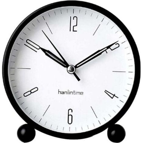 Réveil analogique Hanlintime, petit réveil de bureau facile à régler, sans tic-tac, avec veilleuse, horloge ultra silencieuse alimentée par batterie, noir