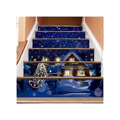 SZTXJ 3D-Weihnachtstreppenaufkleber, wasserfest, für Treppenrenovierung, Holzhaus mit Schneelandschaft, 3D-Weihnachtstreppe, wasserfest, modisch, kreative Stufen für Zuhause