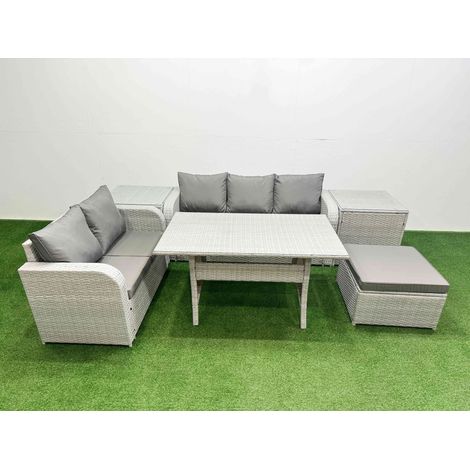 Fimous 6 Seater PE Rattan Wicker Garden Furniture Patio Conservatory Sofa Set with Rectangular Dining Table 3 Seater Sofa Love Sofa Big Footstool 2 Side Table (1/4)