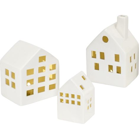 LED Keramik Haus weiß - 3er Set - Deko Weihnachtsdorf Batterie betrieben mit Beleuchtung in warm weiß - Weihnachts Tisch Deko Aufsteller Winter Haus