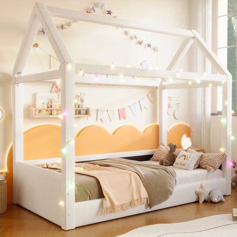 Bett Hausbett gepolstert Beige 90x200 cm mit LED und Lattenrost (1/5)