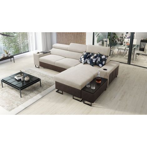 Luxuriöses, komfortables, modernes Ecksofa MELODY I MAXI mit Usb und Regal Tauro/Freya Braun/Beige R (1/5)