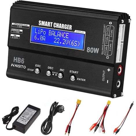 Chargeur Équilibreur 80W 6A pour Batterie LiPo/Li-ION/Life (1-6S) et NiMH/NiCd (1-15S), Chargeur RC avec écran LED, Bloc d'alimentation et Adaptateur XT60 / Deans/JST/Futaba (1/5)