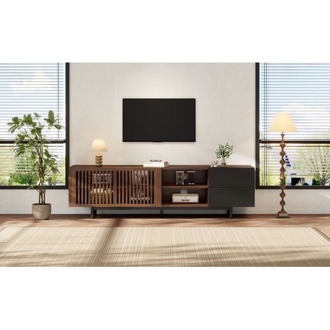 Meuble TV noir et effet bois noyer en MDF de 160 cm avec portes à lamelles (1/5)
