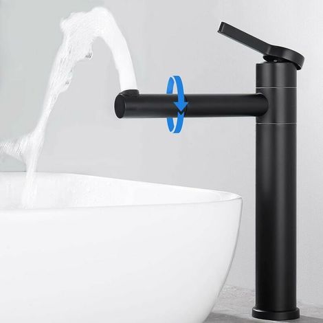 Robinet Lavabo - Mitigeur Haut Rotatif 360° - Acier Inoxydable Noir - Pour Salle De Bain - 1 Pièce