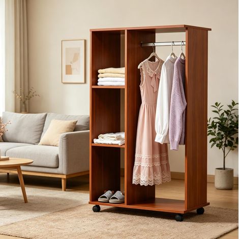 Armoire penderie ouverte 80x40x128 cm en bois et métal, noyer, gain de place pour chambre FloraGrace (1/5)