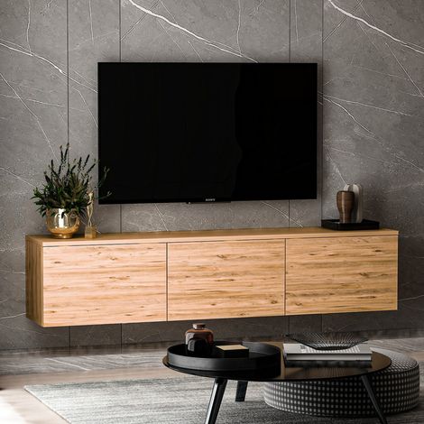 Mueble TV Surrigone, 3 Compartimentos, 3 Puertas, Abatibles, 160x32x35h cm, Marrón Roble (1/5)