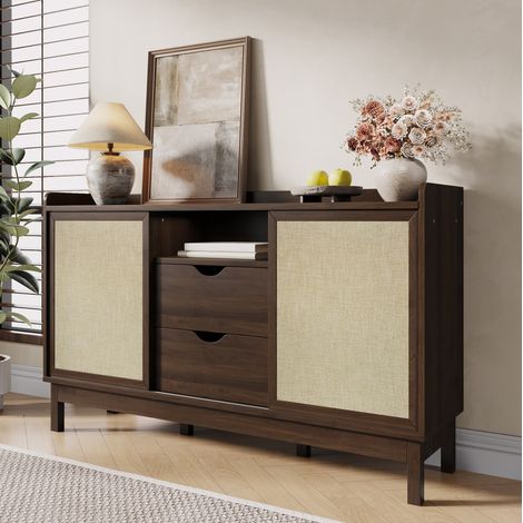 Aparador con puertas correderas y cajones dobles, natural, 150x39,5x80 cm (1/5)