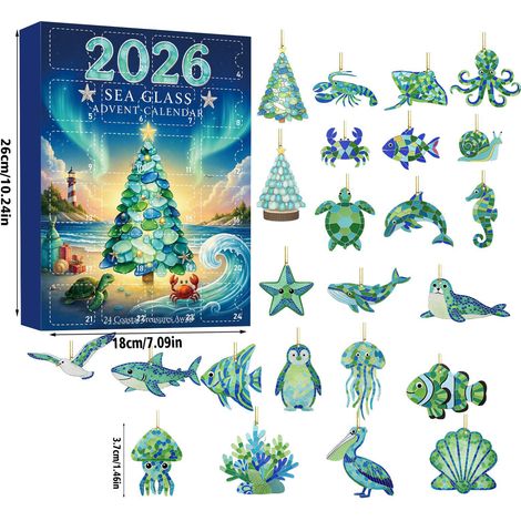 Calendrier de l'Avent avec motif d'animaux marins en verre de mer - 24 décorations de sapin de Noël en acrylique 2D - Calendrier de l'Avent de 24 jours pour les décorations de Noël et les cadeaux de f (1/5)