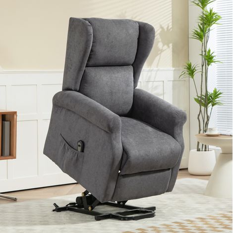 Sillón elevador eléctrico gris oscuro con función reclinable, mando y bolsillo, OKWISH (1/5)