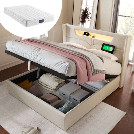 Lit adulte coffre rangement 160x200 LED USB tissu beige HAVRYA (1/5)