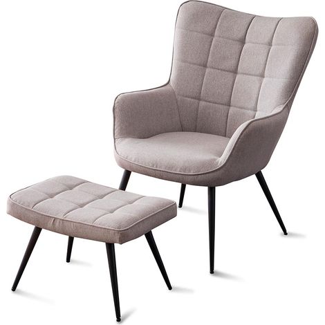 Vera Linen / Velvet Occasional Lounge Living Room Accent Chair Armchair Metal Legs Light Grey with Footstool (1/5)