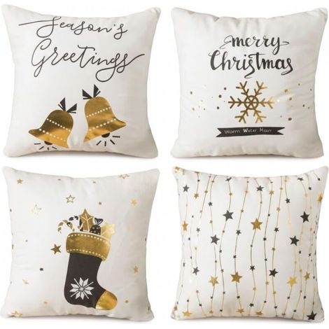 Housse de Coussin 45x45 cm, Lot de 4 Housses de Coussin Décoratif en Polyester Flocon de Neige Sonnerie Chaussette Noël Taie d'oreiller Carrée pour Canapé Maison Salon Chambre à Coucher (1/3)