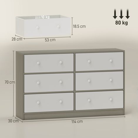 Commode à six tiroirs (plafonniers) avec double poignée. En bois, acier et tissu. Dimensions : 114 x 30 x 70 cm. Disponible en blanc et gris. (1/5)
