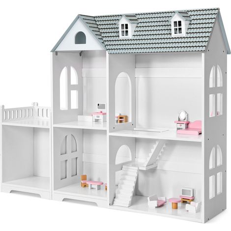 2-Tier Dollhouse Bookcase 2-in-1 Multi-Purpose Children’s Wooden Bookshelf (1/5)