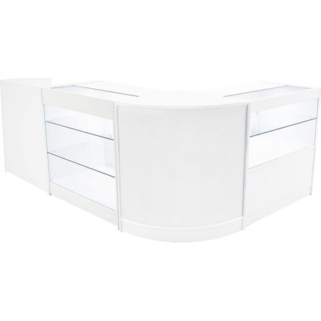 Set Mostradores Comerciales "VEGA"   Blanco CM60 + K900 + C900 + TB60 MDF y vidrio templado  Estantes y puertas corredizas con cerradura  Fácil Montaje  Mostrador Recepción Expositor Comercial Mesa