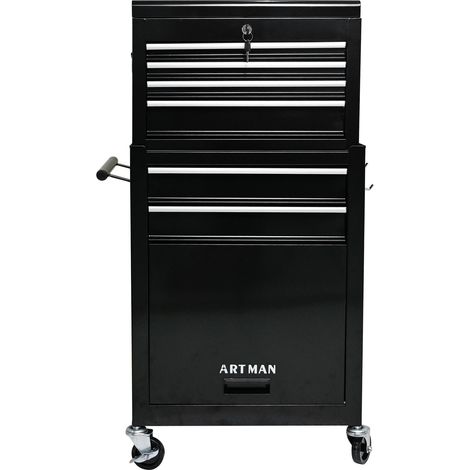 Caja de herramientas con ruedas de gran capacidad con ruedas y cajones, armario de almacenamiento de herramientas con 6 cajones -- Negro