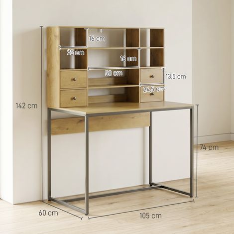 Bureau informatique 4 tiroirs, 105 x 60 cm, meuble de rangement avec étagères ouvertes, table de travail en bois naturel (1/5)
