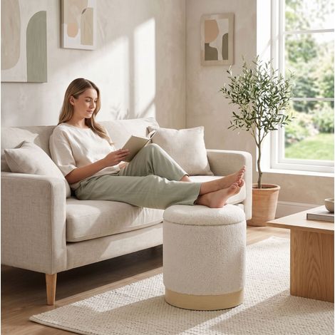 Runder Hocker mit Stauraum, Sherpa-Bezug, 38 x 38 x 45 cm, cremeweiß OKMYHOME (1/5)