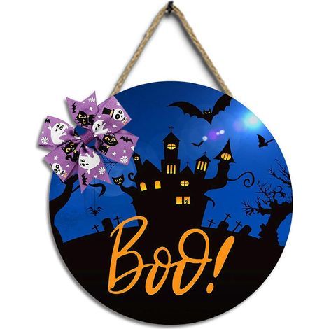 Décorations d'Halloween pour la maison : Panneau rond en bois à suspendre décorations de porte en bois articles de fête d'Halloween durables - Style 4 (1/4)