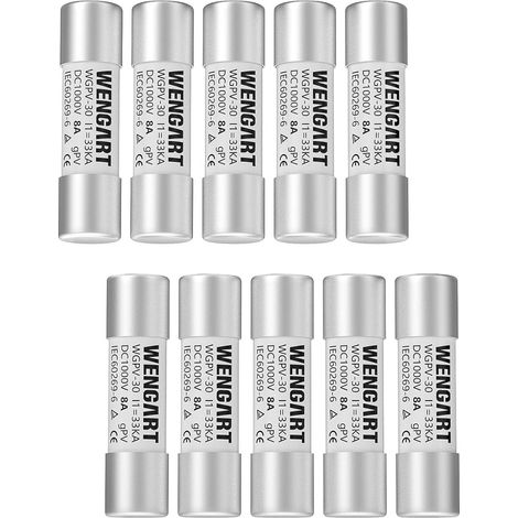Pack of 10 DC Solar Photovoltaic Fuses - 8A - Fast Type (gPV) - Standard Size 10 x 38 mm - High Voltage Protection for Solar Panel Chains and Inverters (1/5)