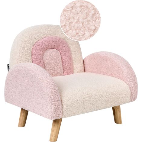 Fauteuil Enfant Arc-en-ciel Pieds en Bois Chaise Rembourrée Bouclé Rose Pastel Ombo