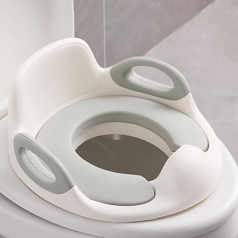 APEX Abattant de toilettes enfant, unisexe - avec poignées et dossier rembourrés - compatible avec les toilettes rondes et ovales - blanc et gris (1/5)