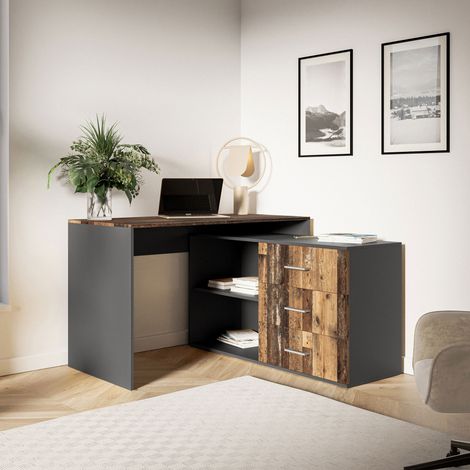 Bureau d'angle 3 tiroirs 120 cm décor bois vieilli (1/4)