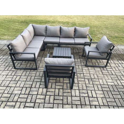 Fimous Aluminium Garden Furniture Set Outdoor Lounge Corner Sofa 2 Pcs Chair Square Coffee Table Sets Dark Grey 8 Seater (1/5)