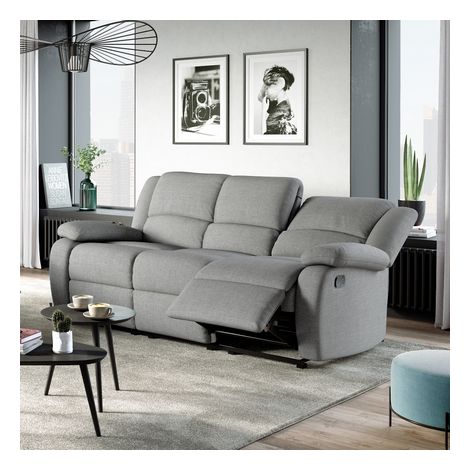 Loungitude – Canapé relax 3 places en tissu gris clair – Inclinaison jusqu'à 170° – Assises confortables en mousse – Dimensions 193 x 93 x 96 cm