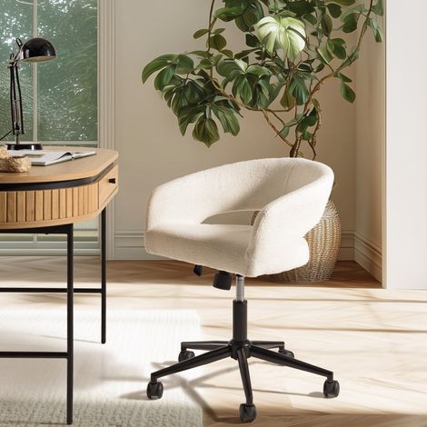 MINA - Chaise de bureau à roulettes en tissu écru dossier ouvert (1/5)