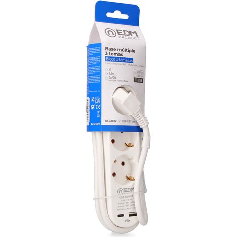 Estensione con 3 prese 2p+t Schuko, con interruttore, 2 USB A + C, 16 A 250 V, cavo H05VV-F, 3G1,5mm² di 1,5 m, bianco
