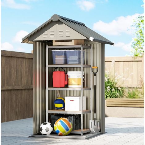 Caseta de jardín metálica 122 x 121 x 192 cm, tejado a dos aguas, cerradura, gris claro (1/5)