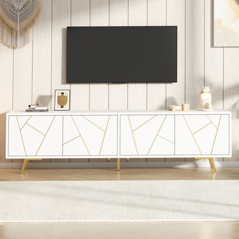 Mobile TV 190x40x51.5 cm, 4 ante, 8 scomparti, ripiano regolabile, truciolare e metallo, bianco oro (1/5)